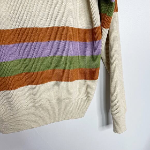 New Gilli Large Cream Orange Green Striped Ribbed Knit Sweater Crew Neck Purple - Picture 6 of 12